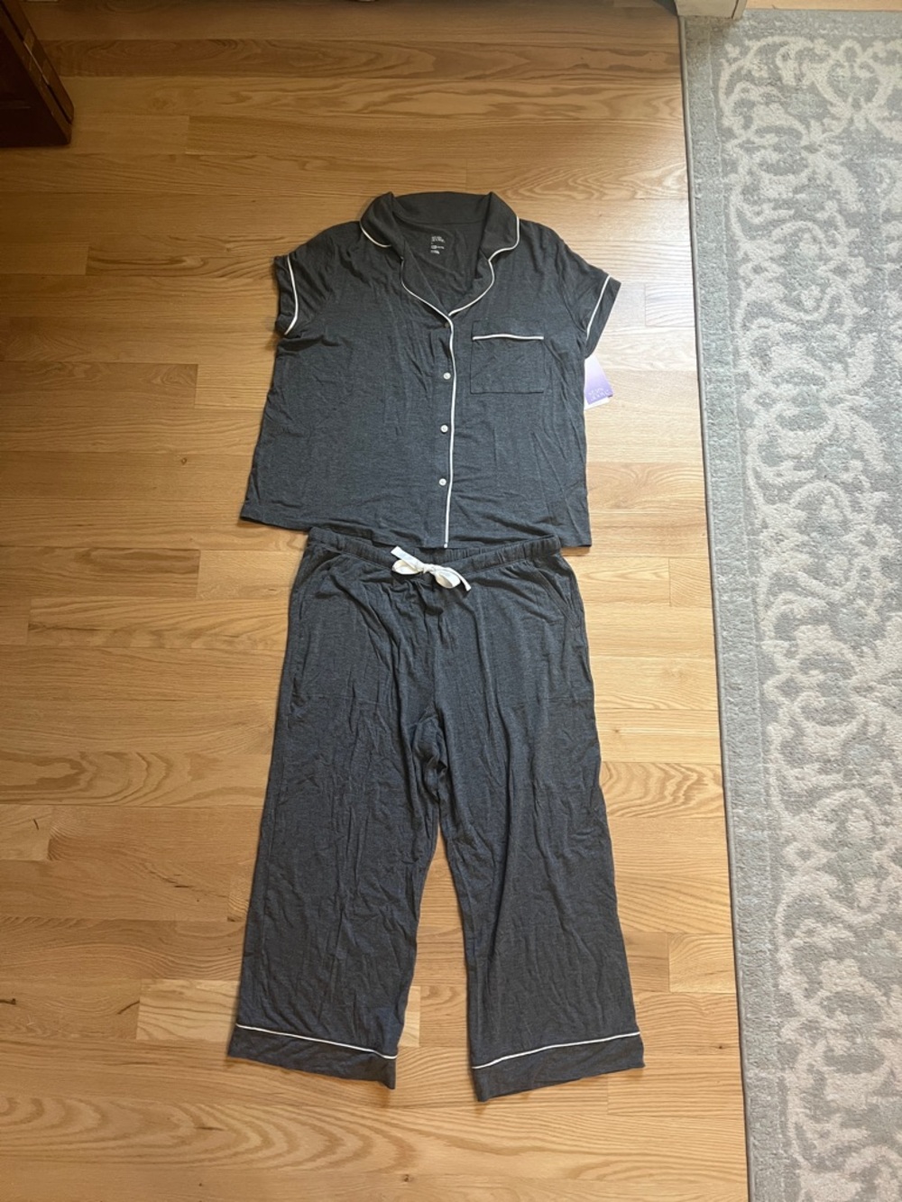 stars above Charcoal Gray Short-Sleeve Pajama Top with White Piping
